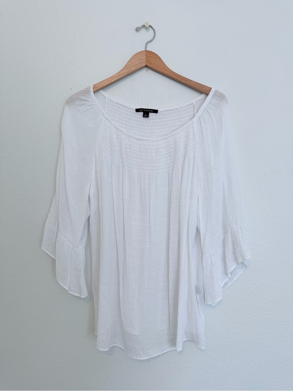 White Smocked Blouse - Pleated Scoop Neck Women Top - Large